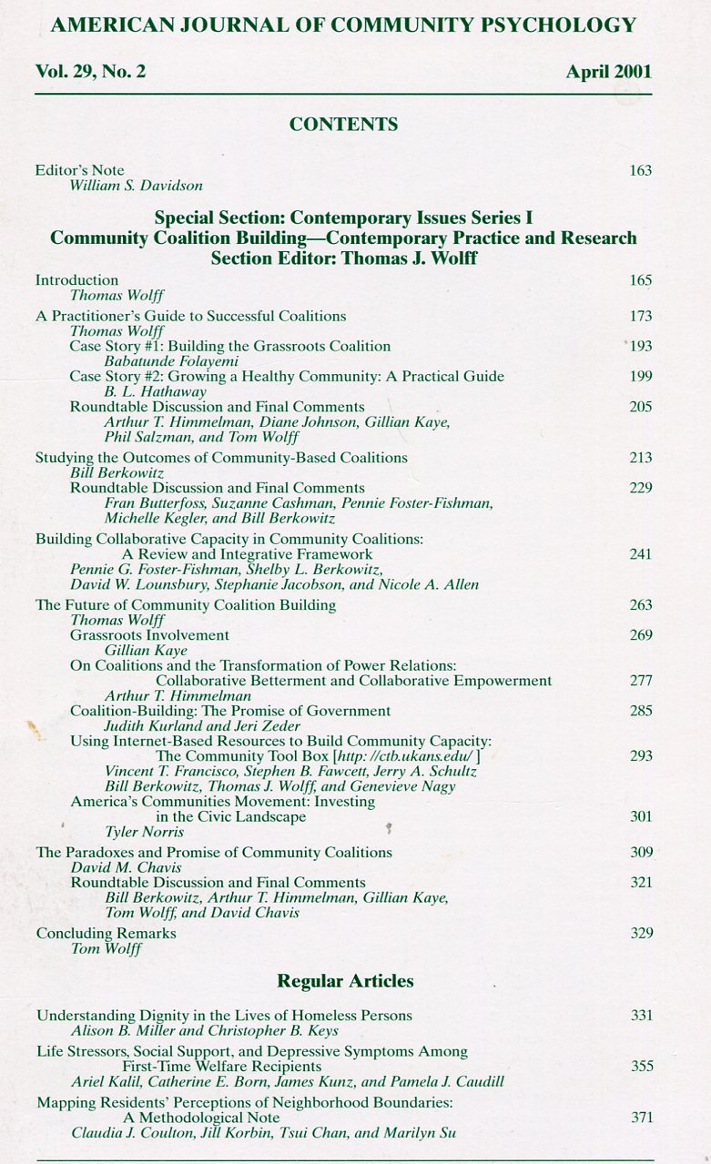 American Journal of Community Psychology : Apr 2001 : Vol …