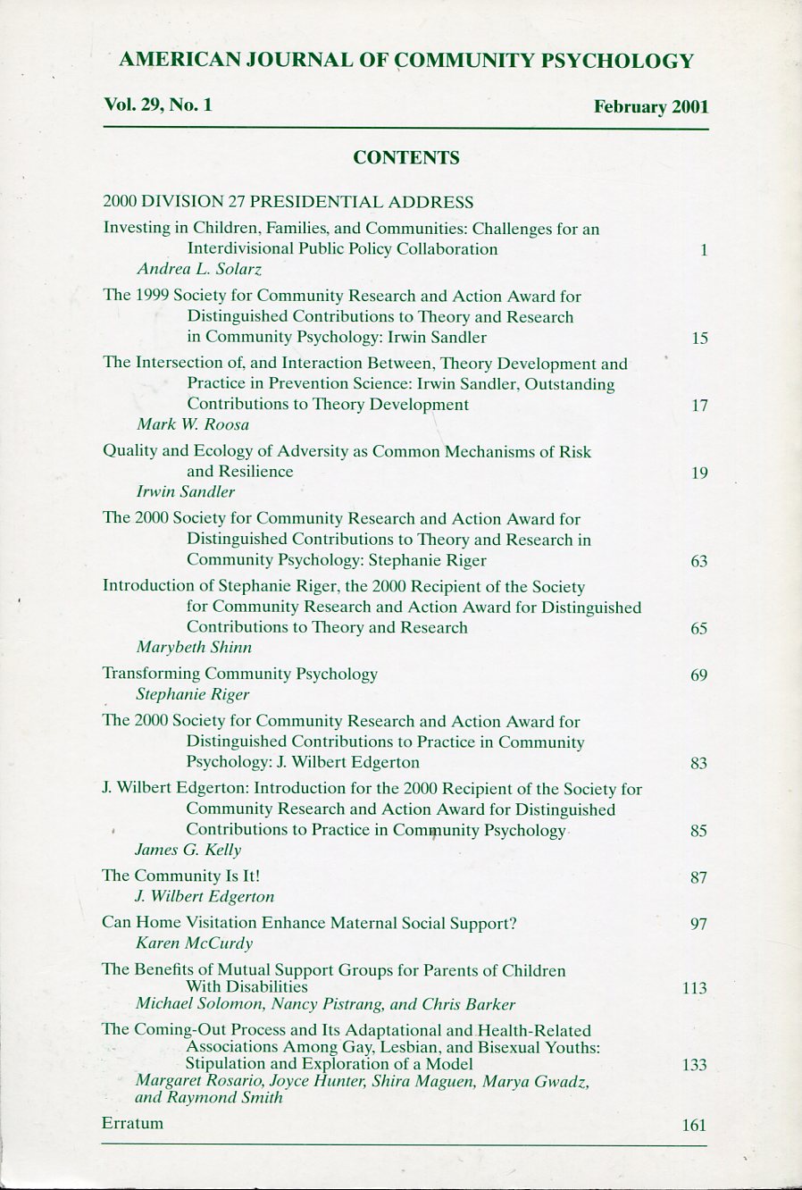 American Journal of Community Psychology : Feb 2001 : Vol …