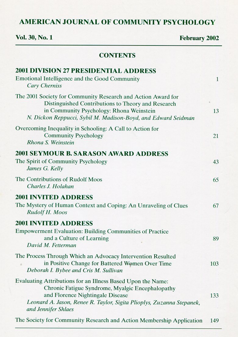 American Journal of Community Psychology : Feb 2002 : Vol …