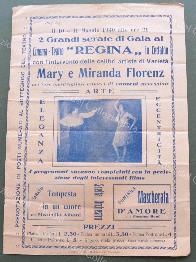 CERTALDO, Firenze. Anno 1930. CINEMA TEATRO REGINA. Volantino