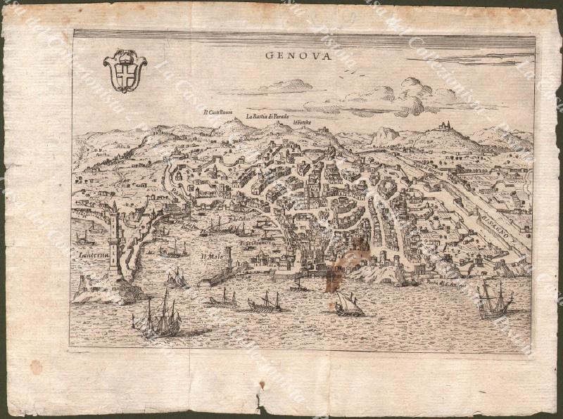 GENOVA. Veduta a volo d‚Äôuccello. Acquaforte. F. Scoto, Roma, 1747