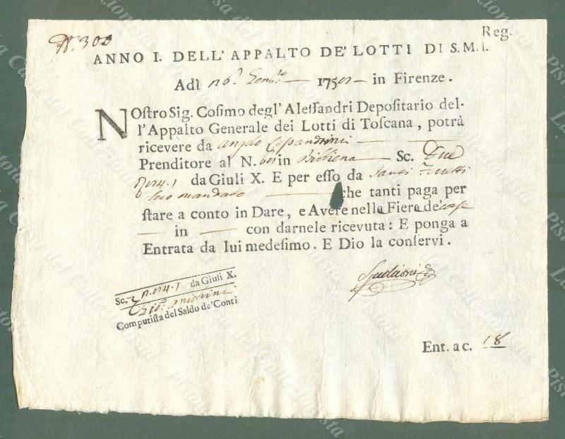 GIUOCO DEL LOTTO GRANDUCATO DI TOSCANA. Ricevuta del 1758