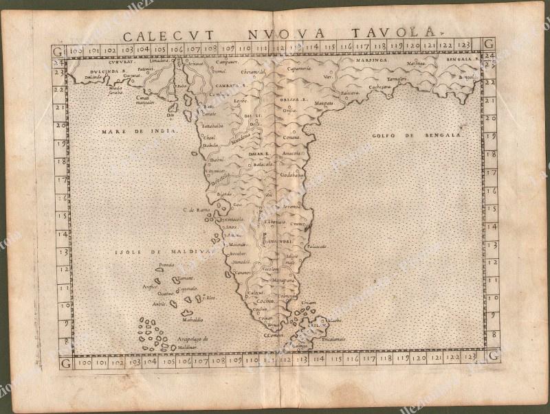 INDIA. ‚ÄúCALECUT NUOVA TAVOLA‚Äù. Carta tratta dall‚Äôopera ‚ÄúGEOGRAPHIA CL. TOLEMAEI …