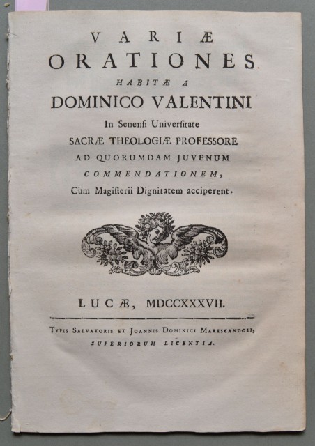 LUCCA. Placchetta &#39;700. VARIAE ORATIONES HABITAE A DOMINICO VALENTINI In …