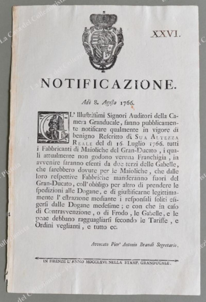 (Maioliche ‚Äì Toscana ‚Äò700) NOTIFICAZIONE del 1766