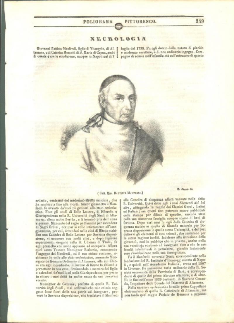 MANFREDI GIOVANNI BATTISTA di Napoli. Fascicolo intero del Poliorama Pittoresco