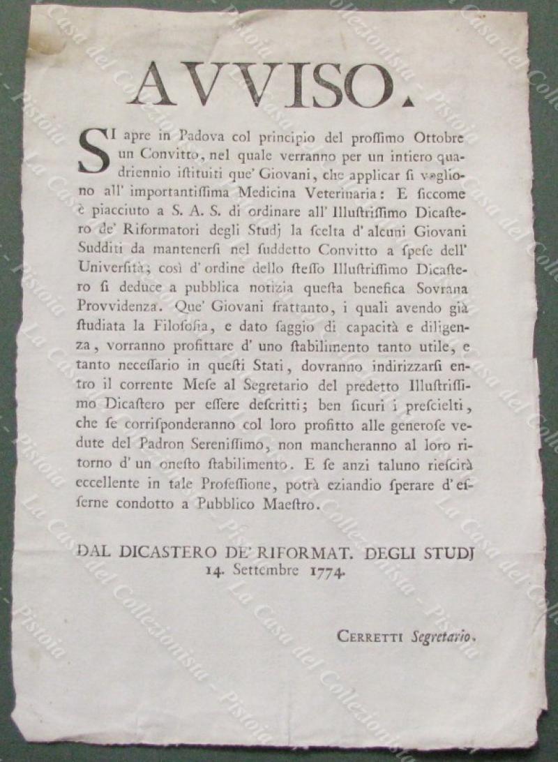 PADOVA 1774. AVVISO per l&#39;apertura di un convitto.diventare veterinari.