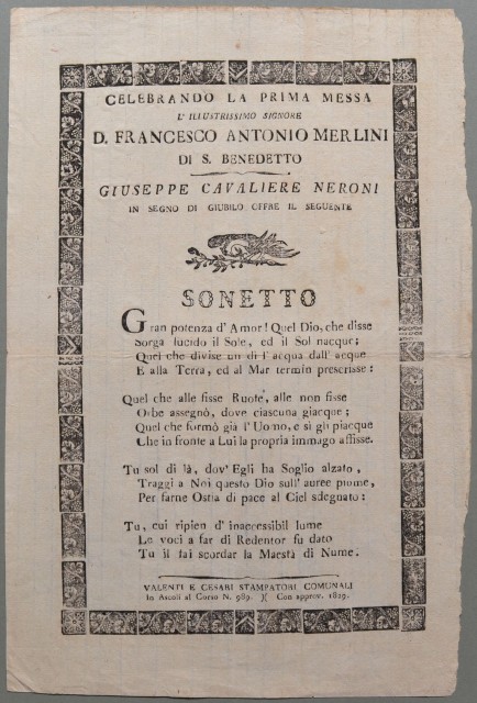 SAN BENEDETTO DEL TRONTO - PRIMA MESSA. Foglio del 1829.