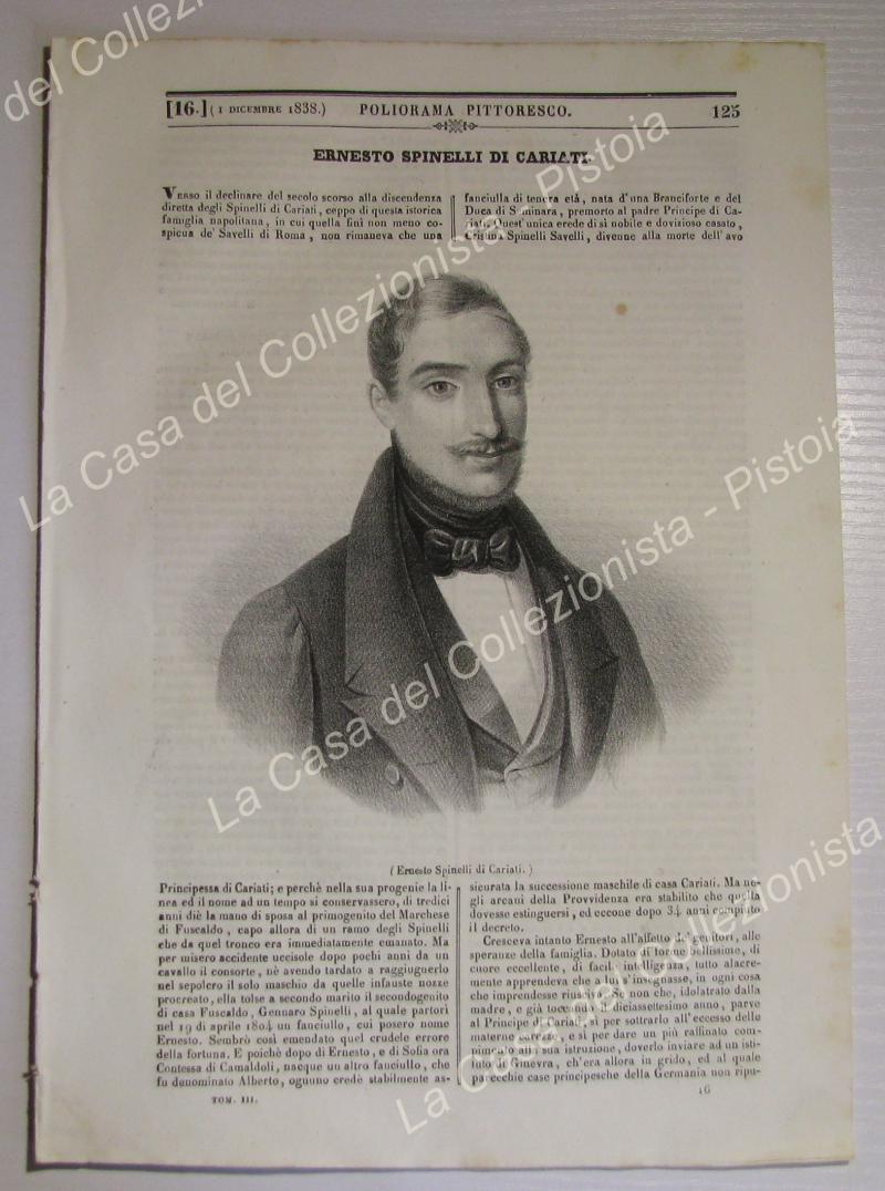 SPINELLI ERNESTO di Coriati. Ritratto e biografia. Poliorama Pittoresco 1838.