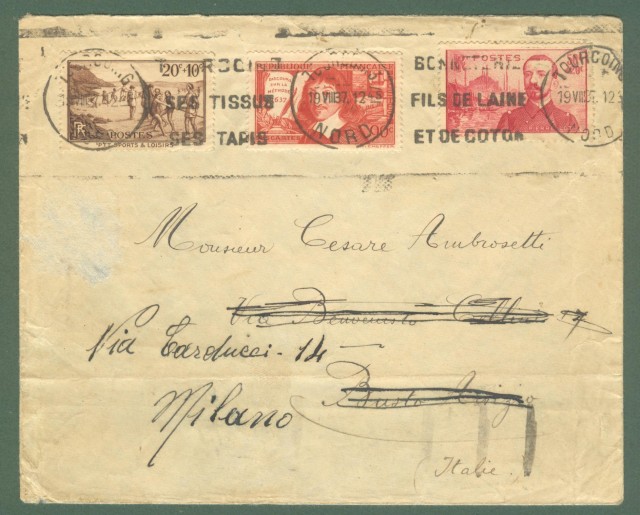 Storia postale estero. FRANCIA. FRANCE. Letter for Milano, 1937.