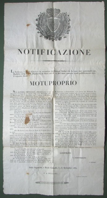 (Toscana - Pene per reati economici) Bella notificazione del 1832 …