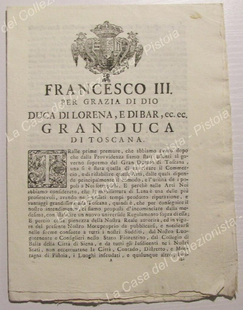 TOSCANA. MANIFATTURE DELLA LANA. Motuprorpio del 1738