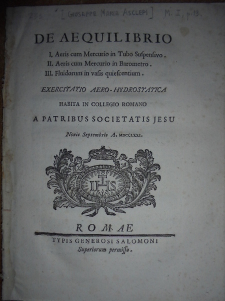 DE AEQUILIBRIO. I. AERIS CUM MERCURIO IN TUBO SUSPENSIVO ROMAE, …