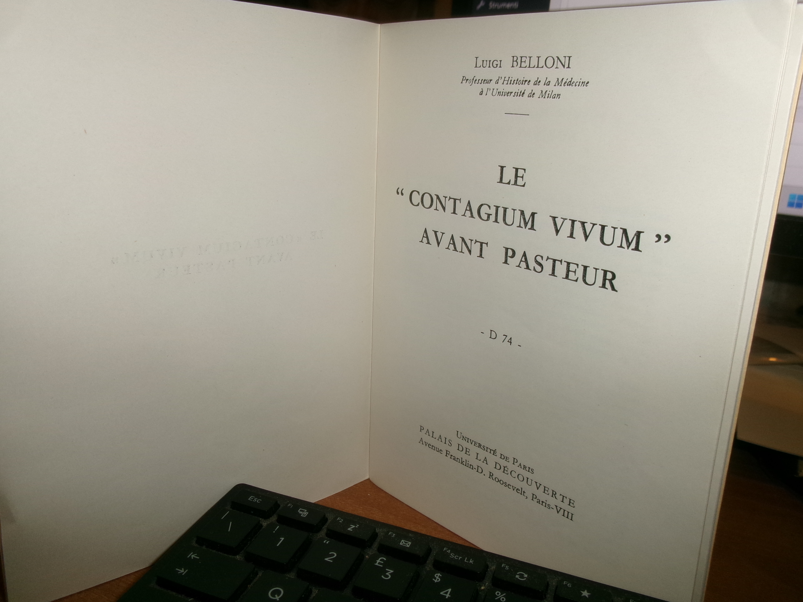 Le " CONTAGIUM VIVUM " AVANT PASTEUR. LUIGI BELLONI 1961