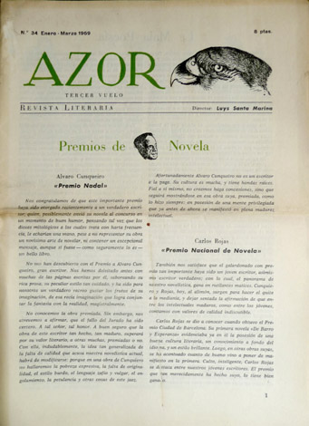 Azor. Tercer vuelo. Revista literaria. Número 34. Enero-Marzo 1969.