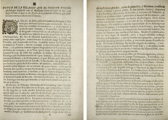 Copia de la Relacion que el Principe Eugenio de Saboya …