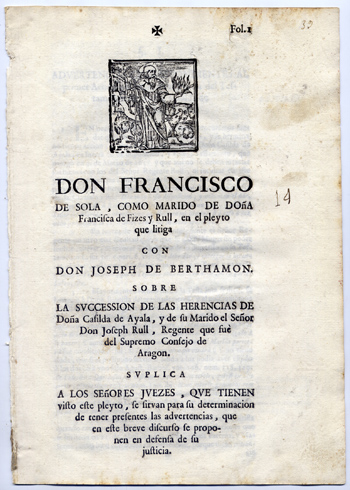 Don Francisco de Sola, como marido de Doña Francisca de …