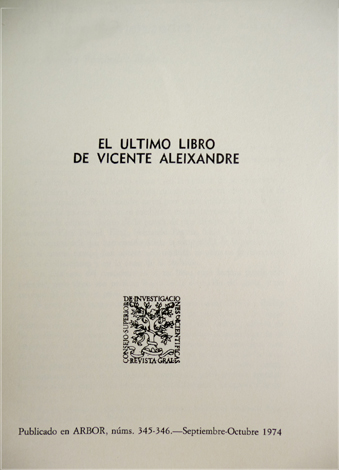 El último libro de Vicente Aleixandre.