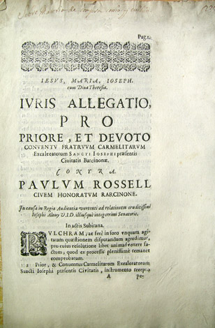 Iuris Allegatio pro Priore et devoto Conventu Fratuum Carmelitarum Excalceatorum …