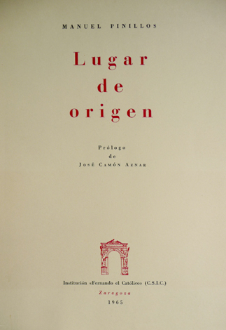 Lugar de orígen. Poemas. Prólogo de José Camón Aznar.