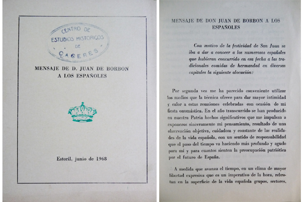 Mensaje de Don Juan de Borbón a los Españoles. [Estoril, …