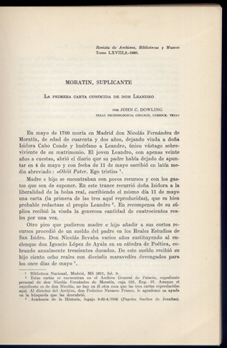 Moratín, suplicante [y] Más sobre el Epistolario de Moratín.