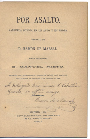 Por asalto. Zarzuela cómica en un acto y en prosa.
