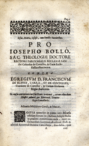 Pro Iosepho Bolló, Sacrae Theologiae Doctore, Rectore Parochialis Ecclesiae Sanctae …