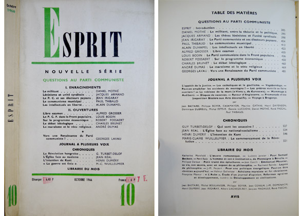 Questions au Parti Communiste. (Daniel Mothé, Jacques Armand, Jean Irigaray, …