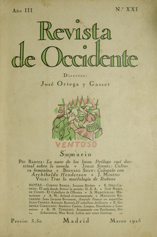 Revista de Occidente. Año III. Nº XXI. Marzo de 1925. …