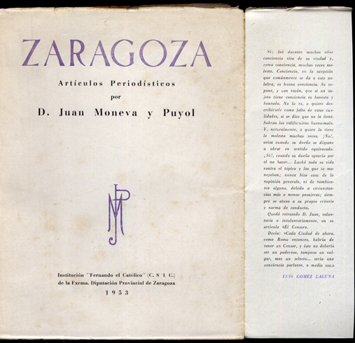 Zaragoza. Artículos Periodísticos. Selección de Francisco Yndurain y Luis Horno …