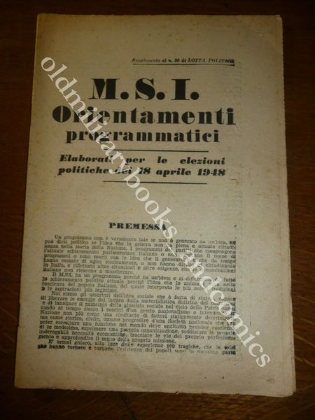 M.S.I. ORIENTAMENTI PROGRAMMATICI ELABORATI PER ELEZIONI POLITICHE DEL 18/4/1948