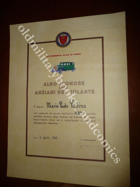 DIPLOMA ALBO D'ONORE DEGLI ANZIANI DEL VOLANTE ACI DI ROMA …