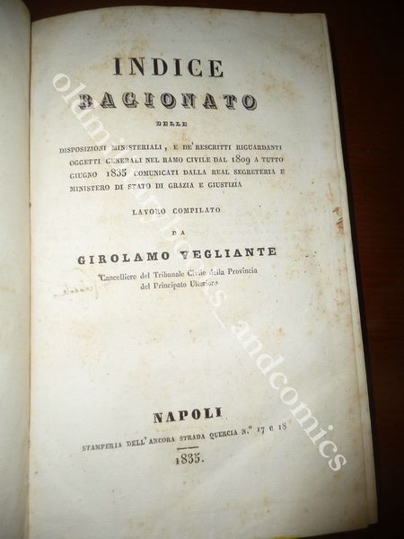 INDICE RAGIONATO DELLE DISPOSIZIONI E DE RESCRITTI GIROLAMO VEGLIANTE 1835