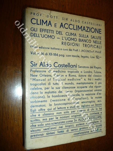 CLIMA E ACCLIMAZIONE NOTE E OSSERVAZIONI CASTELLANI 1933 I^ Ed. …