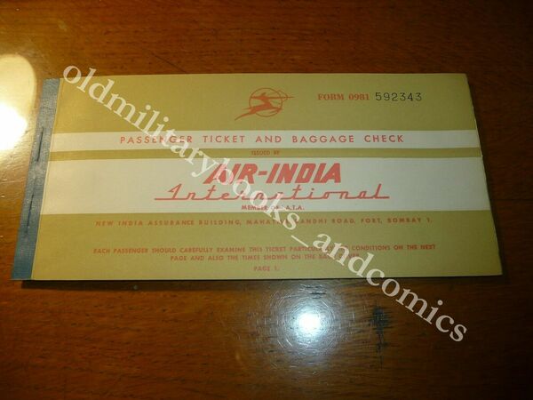 AIR INDIA 1961 VECCHIO BIGLIETTO VINTAGE AIRLINE TICKET FLUGTICKET 2