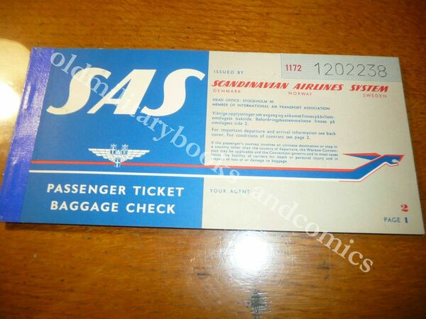 SAS SCANDINAVIAN AIRLINES VECCHIO BIGLIETTO VINTAGE AIRLINE TICKET FLUGTICKET