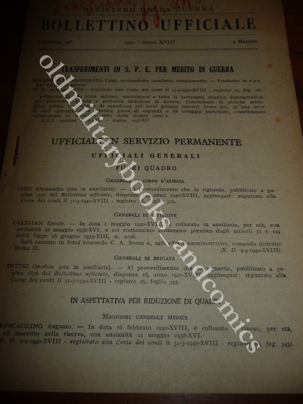 BOLLETTINO UFFICIALE MINISTERO DELLA GUERRA N° 23 DEL MAGGIO 1940