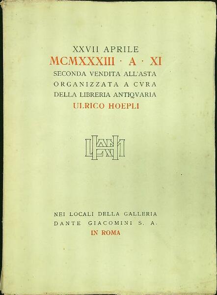 XXVII Aprile MCMXXXIII seconda vendita all'asta