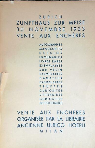 Vente aux encheres 30 Novembre 1933 a Zurich