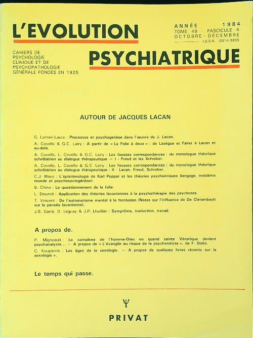 L'Evolution Psychiatrique 1984/ Tome 49 Fasc 4