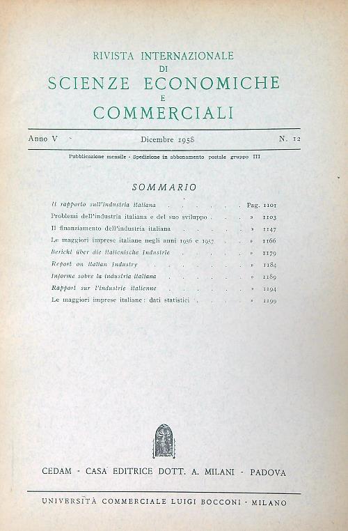 Rivista internazionale di scienze economiche e commerciali. Annata 1958
