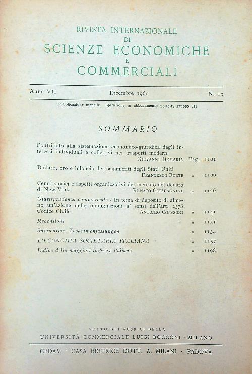 Rivista internazionale di scienze economiche e commerciali. Annata 1960