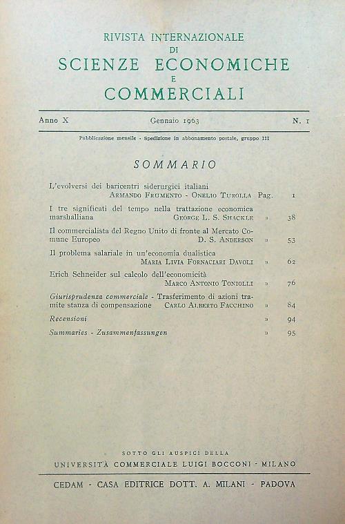 Rivista internazionale di scienze economiche e commerciali. Annata 1963