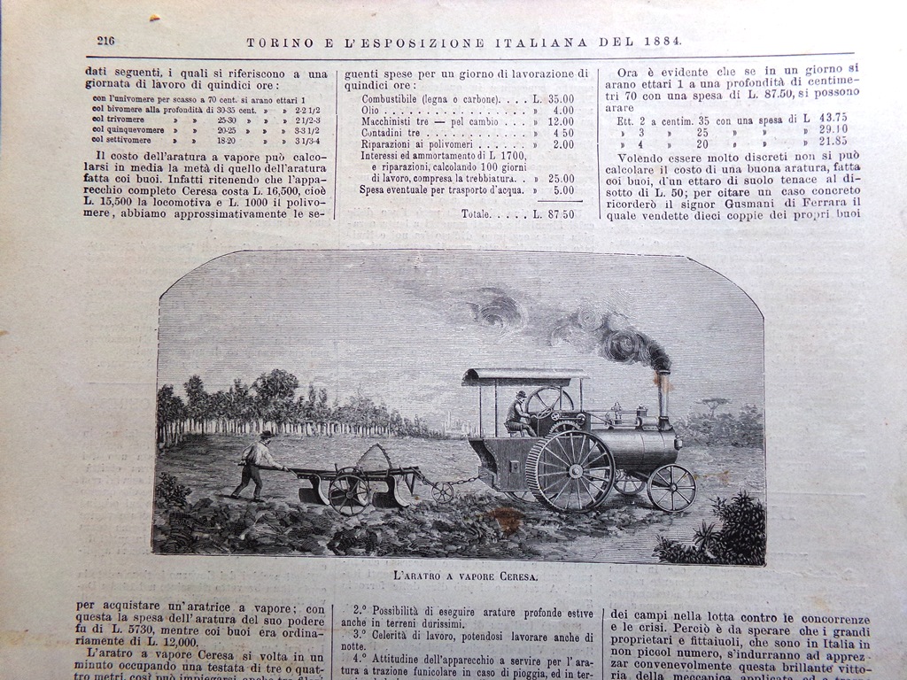 Stampa del 1884 L'aratro a vapore Ceresa