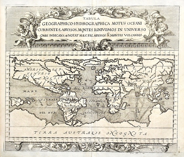 Tabula geographico-hydrographica motus oceani currentes, abyssos, montes igniuomos in universo …