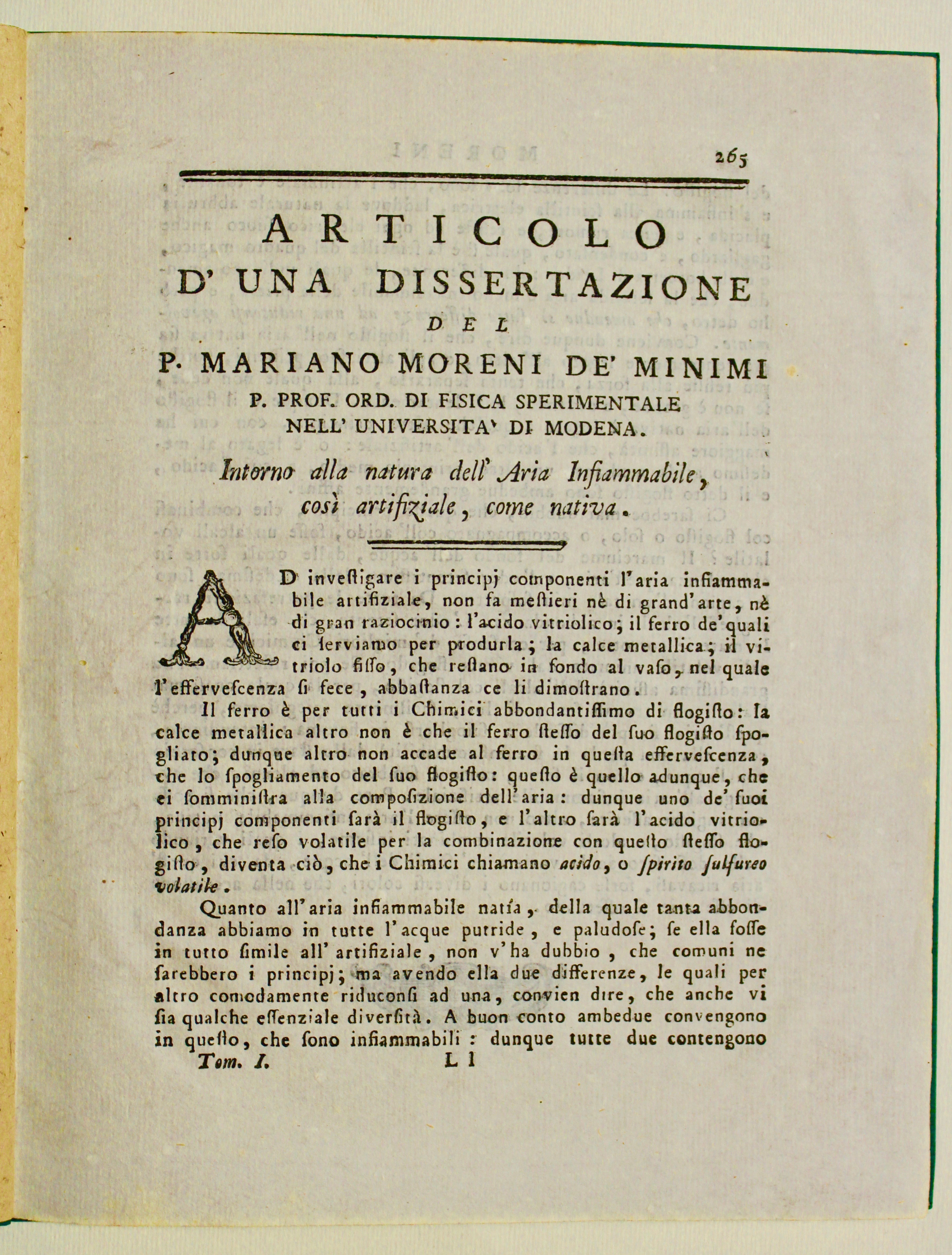 Articolo d'una dissertazione intorno alla natura dell'aria infiammabile, così artificiale, …