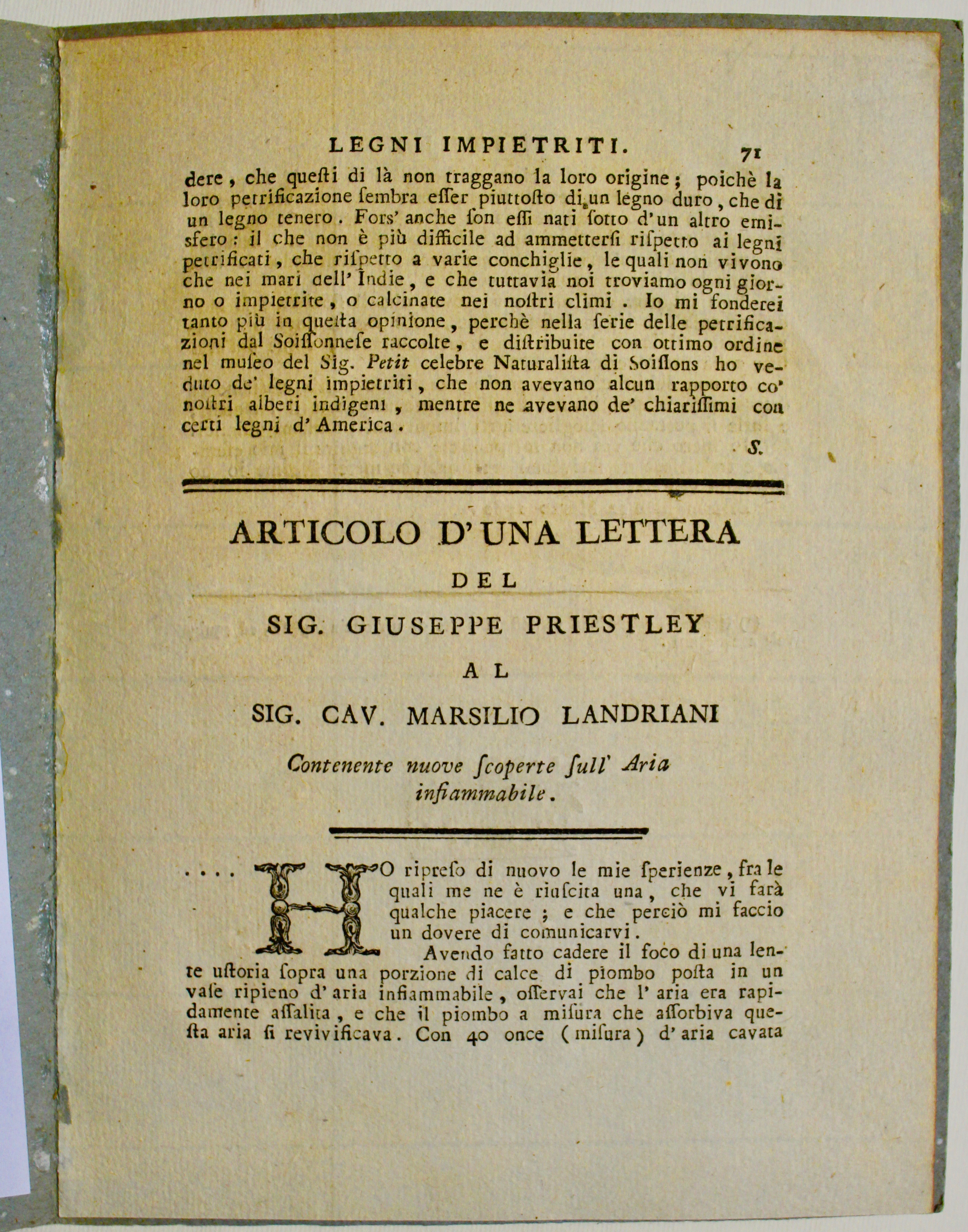 Articolo d'una lettera …al sig. cav. Marsilio Landriani contenente nuove …