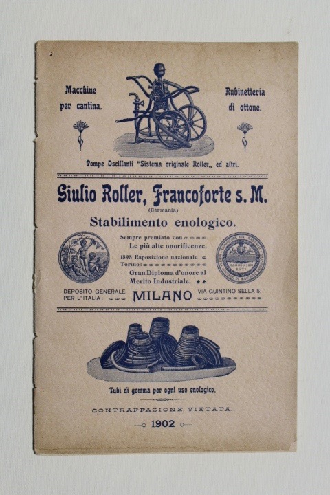 Catalogo di attrezzi vitivinicoli della ditta Giulio Roller di Francoforte.