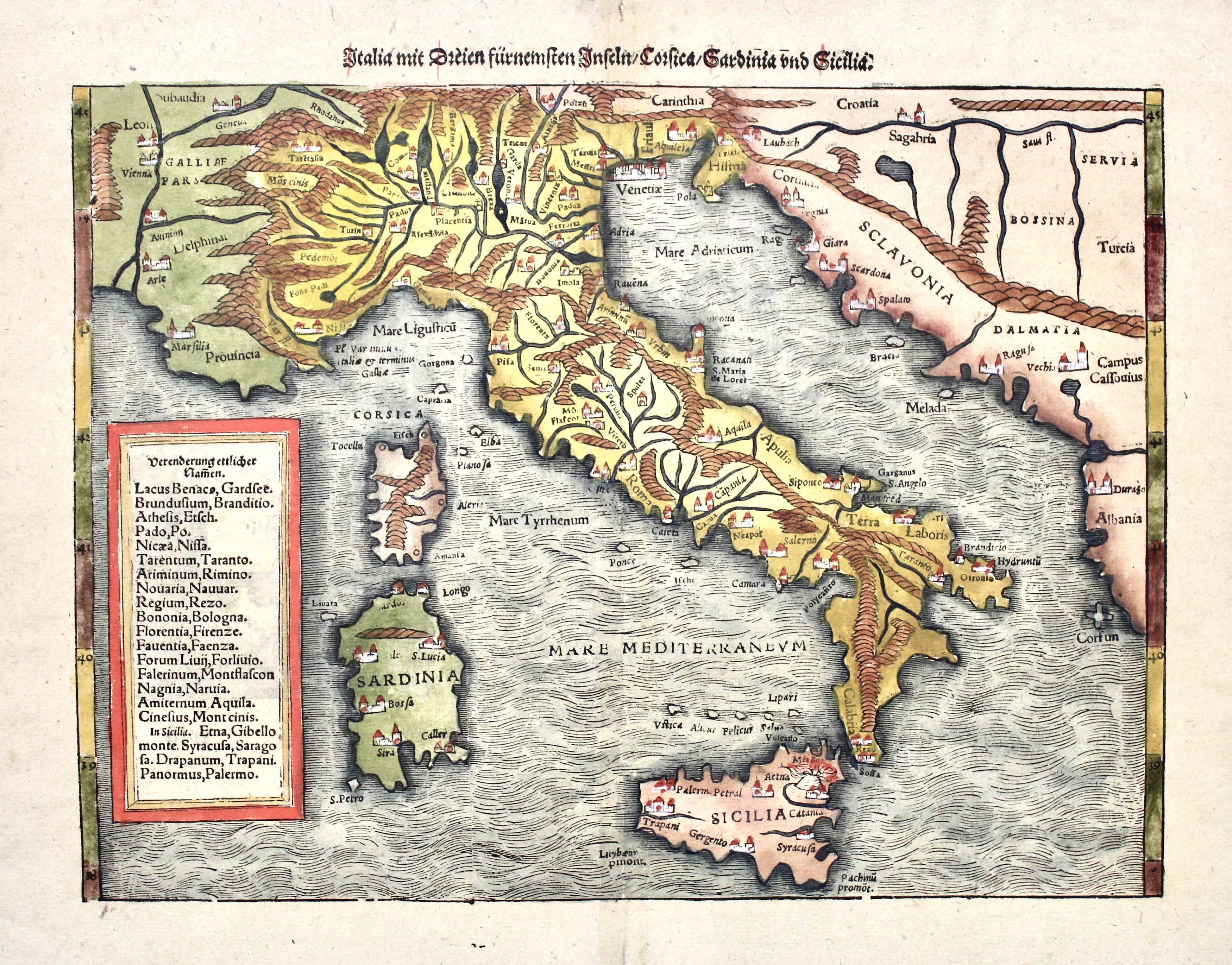 Italia mit dreien fürnemsten Inseln Corsica Sardinia und Sicilia